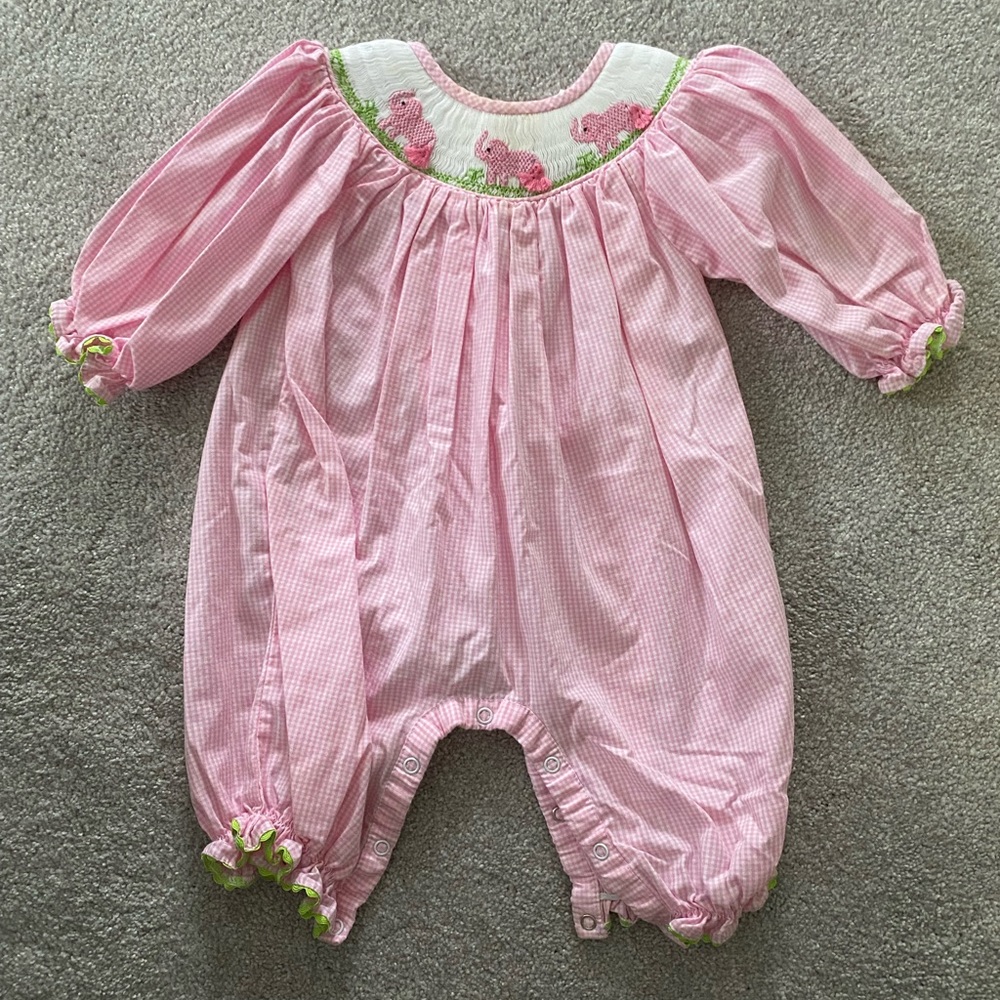 Adorable smocked long sleeved / long all elephant bubble
